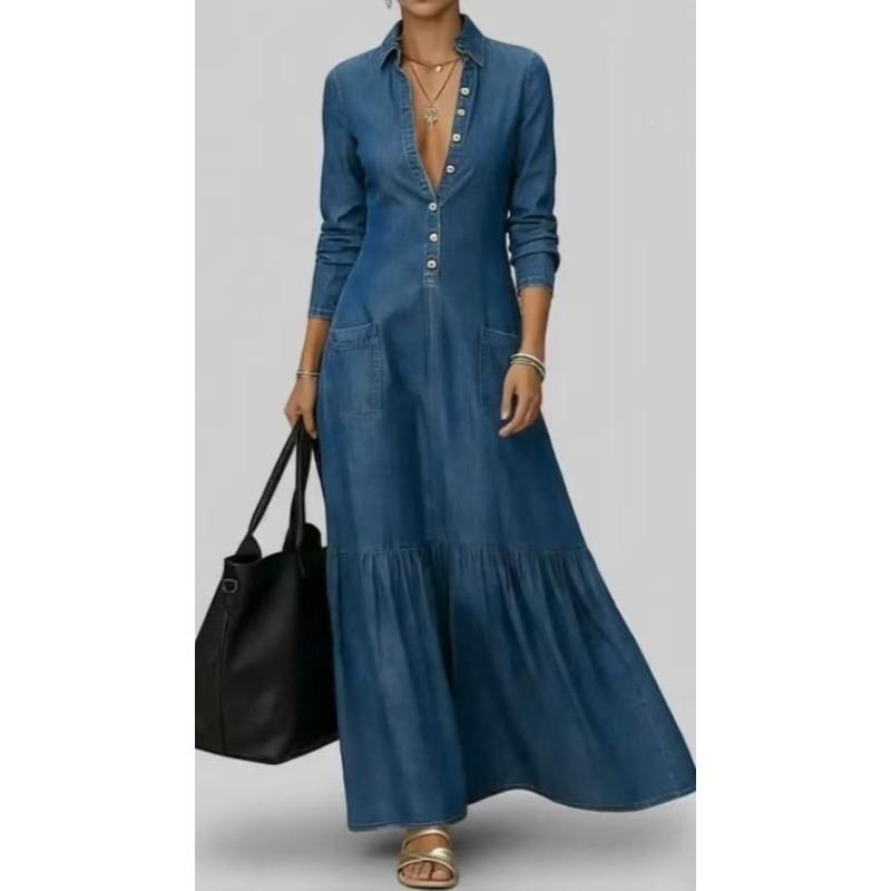 DICFY Women's Fashion Autumn Winter Solid Color Print Long Sleeve POLO Neck Casual Dresses