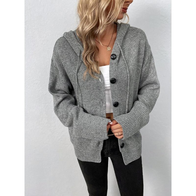 Women S Solid Color Hooded Knit Cardigan Sweater Single Breasted Long Sleeve Autumn Winter