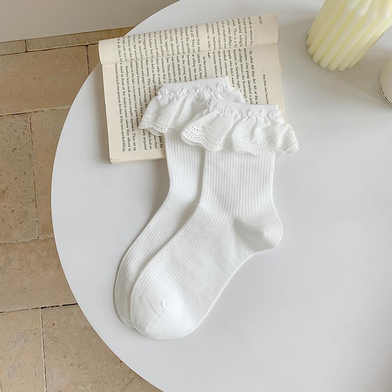 

Women s Summer Thin Pure Color Sweet Lace Ballet Wind Sweat Absorbent Boneless Tube Pile Socks 1 pair білий