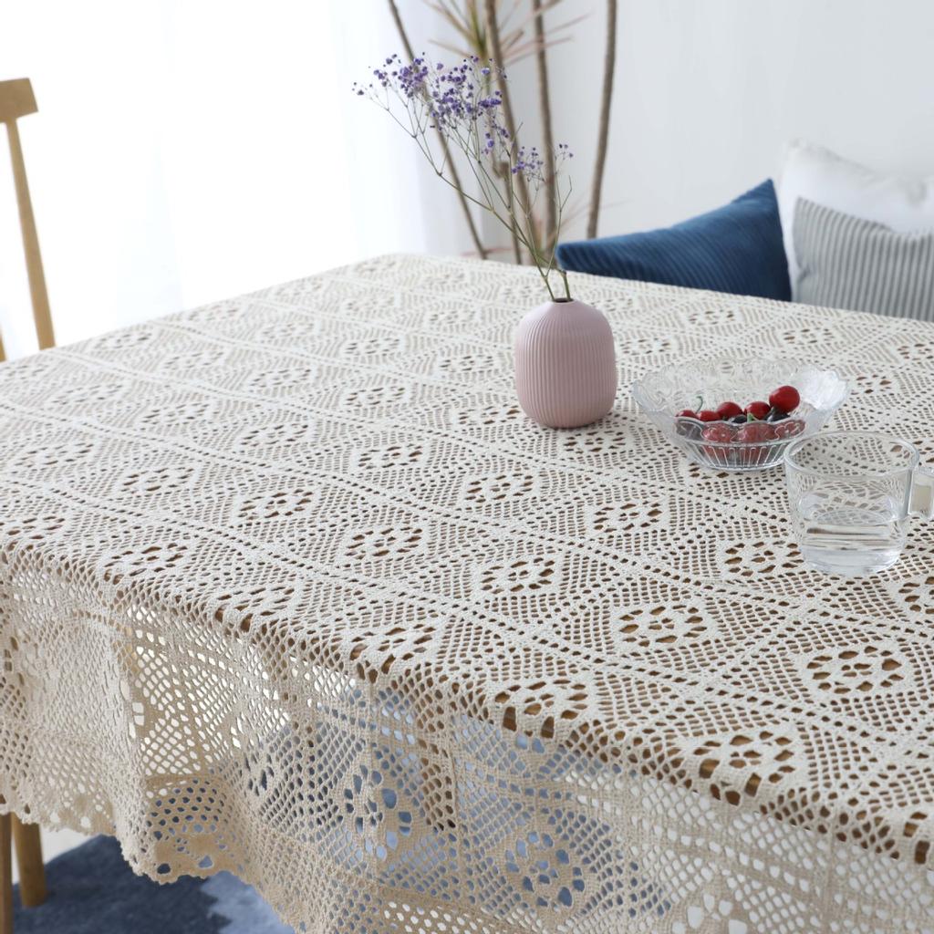 Vintage Crochet Lace Tablecloth, Pastoral Hollowed-Out Tassel Design, Polyester Rectangular Table Cover, Christmas Wedding Banquet Decor