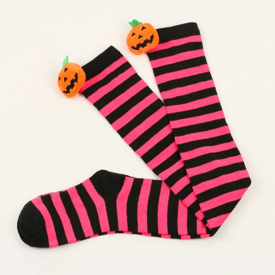 1 par de meias de Halloween acima do joelho, engraçadas, desenho animado, abóbora, listradas, contraste de cor, macias, manter aquecido, alta elasticidade, cor sólida, meias de inverno na coxa
