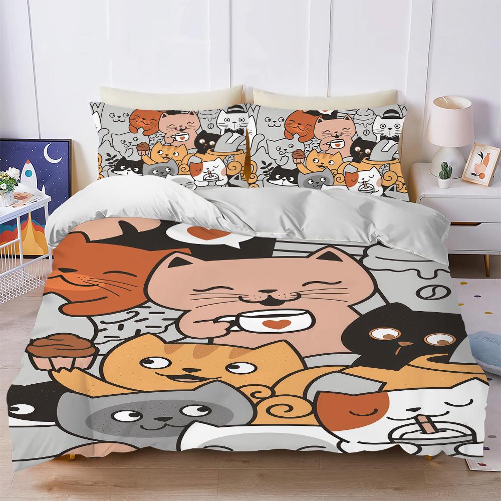 Funny Cats at Cafe Paws Duvet Cover Set Soft Wash Bed 3 Piece Summer Comfortable Student Dormitory Home Baby Bedding Best seller