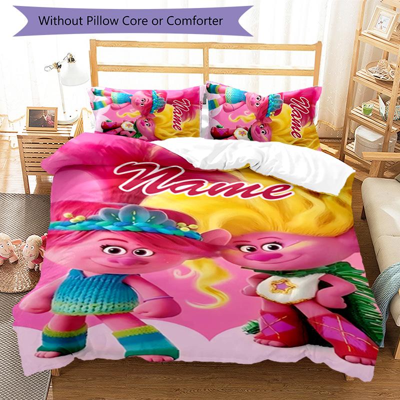 3pcs Trolls3 Cover Set - Personalized Name, HD Printed Bedding with 1 Cover and 2 Pillowcases - Perfect for Home Decor, Easy Care