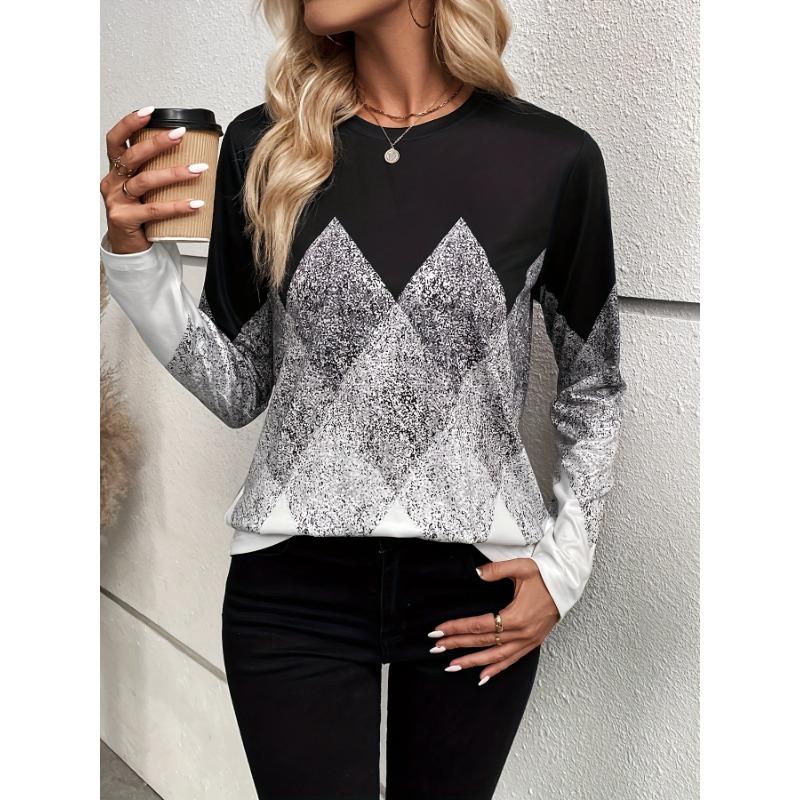 Colorblock Crew Neck T-shirt, Casual Long Sleeve Top For Spring & Fall, Women's Clothing