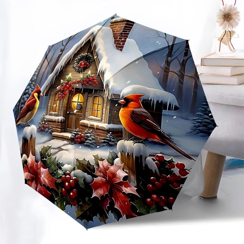 

1pc Winter Wonderland Christmas Cardinals Outdoor Umbrella, Auto Open Close 3-Fold Design with 8-Bone Iron Frame, Perfect Holiday Gift for Fans, Trave