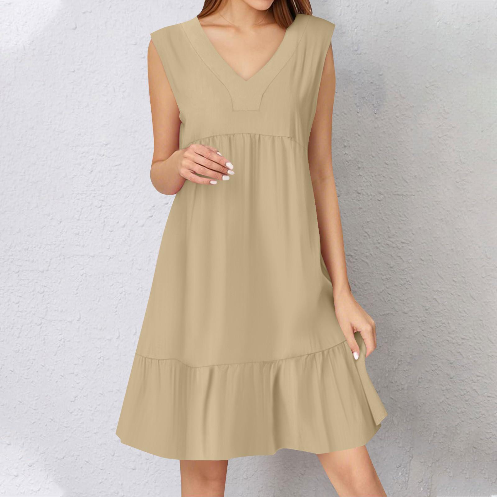 

Женское летнее платье без рукавов с V-образным вырезом, короткие платья, модное повседневное струящееся бохо-платье с оборками, А-силуэт, свободное платье-халат M