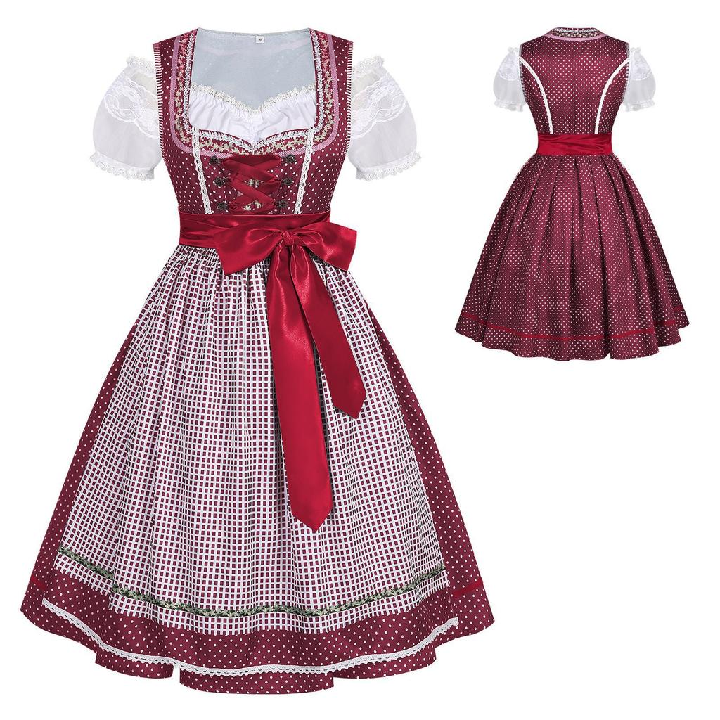 Retro Plaid Bavarian Oktoberfest Dress, Waisted Long Dress Halloween Party Cosplay