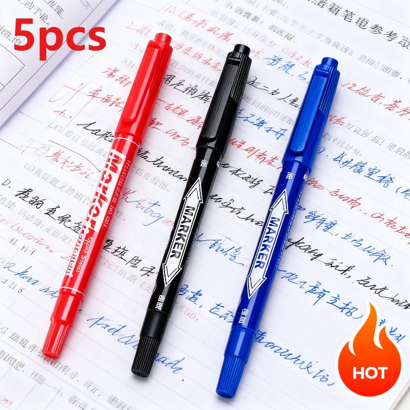 5pcs Marker Pens Double Tip Art Black Permanent Paint Marker Pen for Plastic Wood Stone Metal Glass Doodling Marking Graffiti