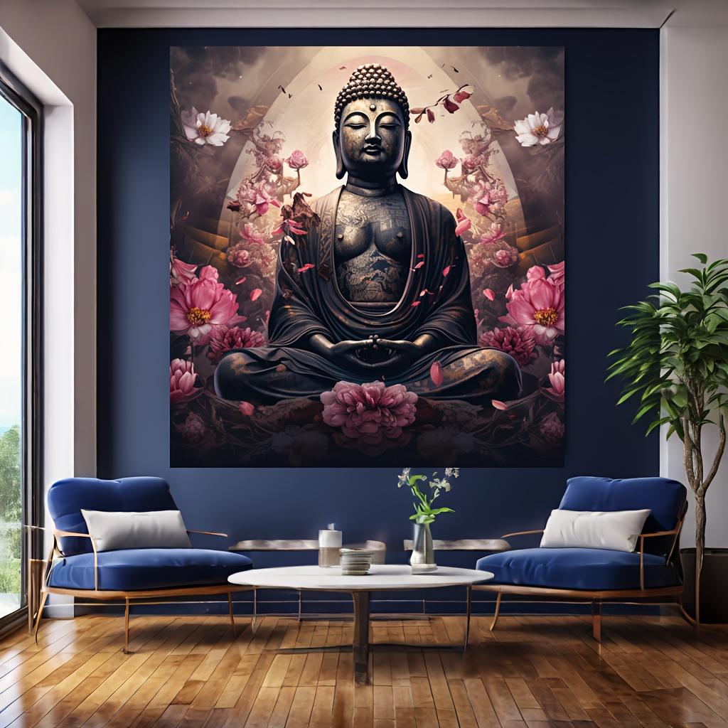 Large Buddha statues and lotus wall decorations - serene meditation scene room decoration Buddha room decoration