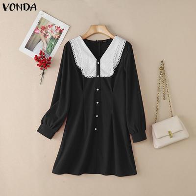 Autumn Elegant Women Crochet Neck Long Sleeve Texture Corduroy Casual Mini Dress