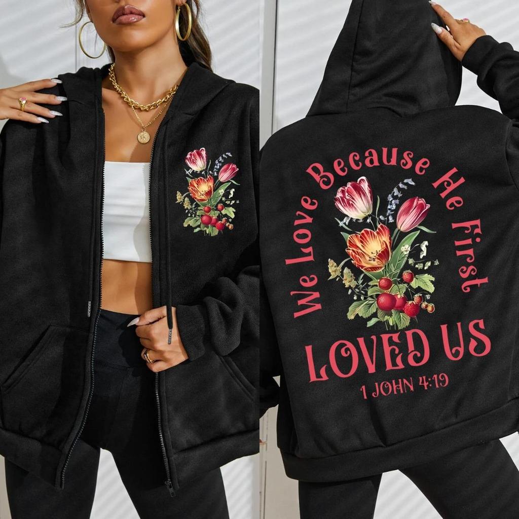 Loves Us Beautiful Flowers Prints Zipper Hoody Woman Crewneck Sportswear Vintage Oversize Hoodie Fleece Casual Soft Clothes