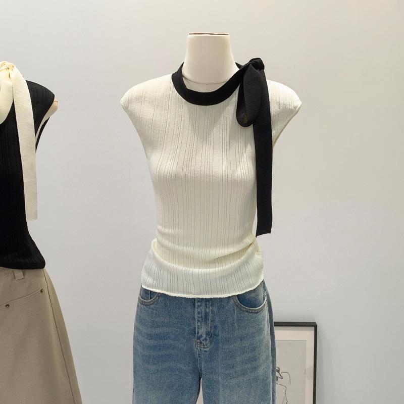 Women s Summer 2026 French Design Contrast Lace-Up Sleeveless Slim Fit Camisole Small белый