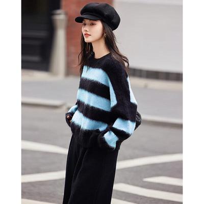 Demana Damen Winter Streifen Colorblock Strickpullover