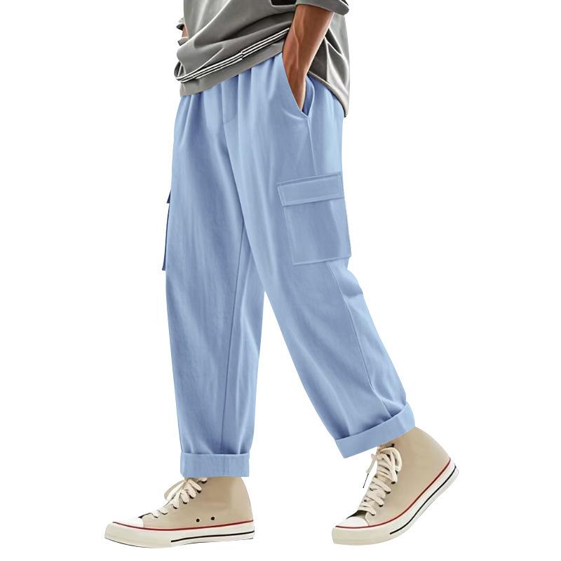 Men's linen trousers four seasons thin section breathable workwear multi-pocket loose casual trend wide-legged trousers