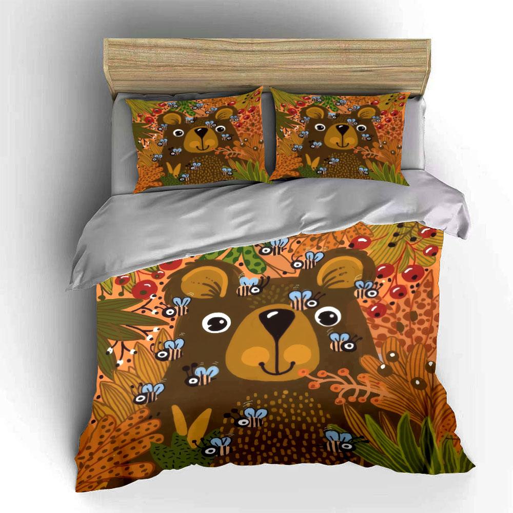 Bear and Bees Nature Themed Set Soft Skin-Friendly Bedding Set Includes 1 Duvet Cover And 2 Pillowcase Gift