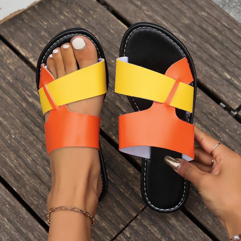 European and American New Color Matching Women's Slippers Foreign Trade 2025 Flat-bottomed Large-size Sandals Women's Spring and Summer New Models