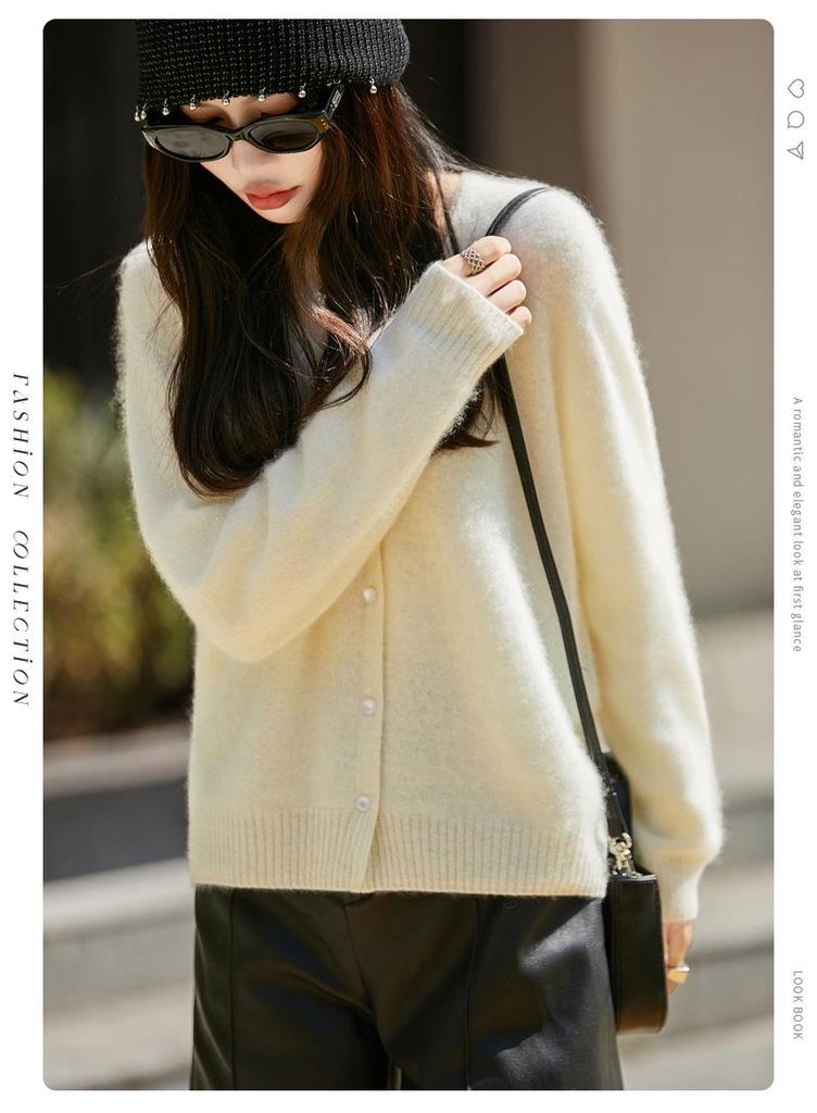 Korean-Style Elegant Wool Knit V-Neck Cardigan for Women - 2025 Fashion Collection