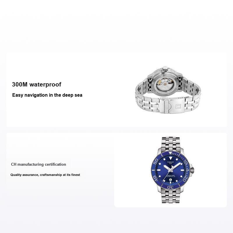 TISSOT Montre  Seastar Mouvement M&eacute;canique Automatique &Eacute;tanche 300 M&egrave;tres Affichage de la Date Luminescent Montres Hommes T120.407.11.041.00 Blue Dial