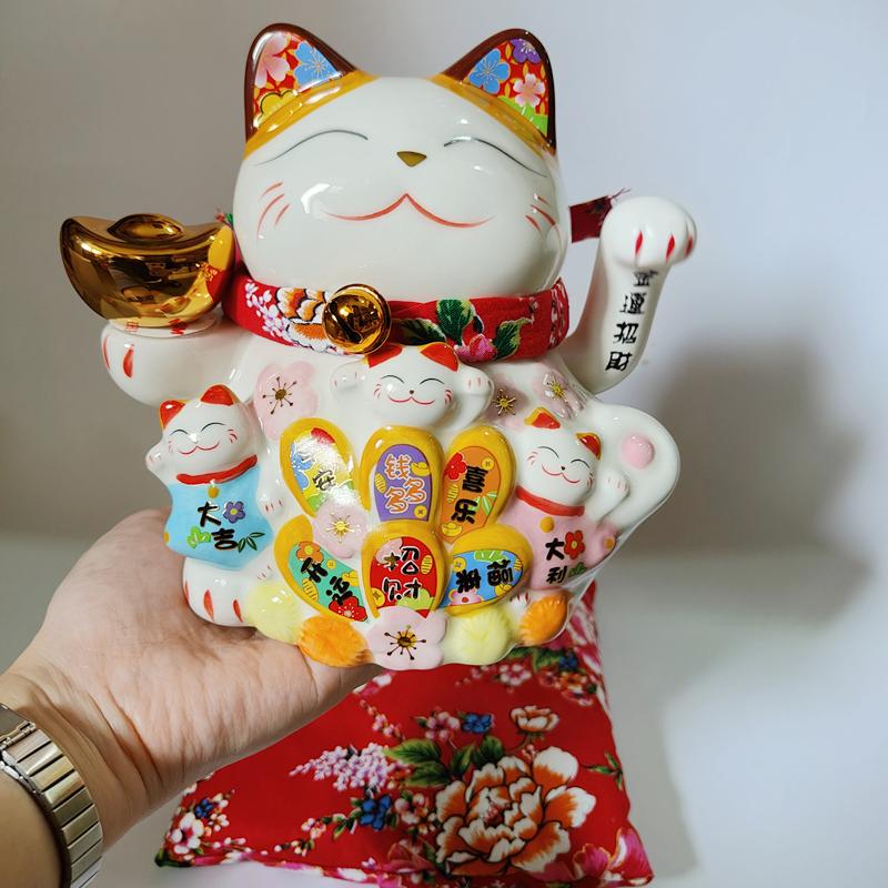 7.5 Inch Ceramic Beckoning Cat Maneki Neko Ornament Feng Shui Decoration Fortune Cat Swing Lucky Cat
