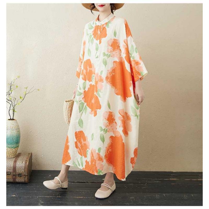 2025 Printed Stand Neck Loose Extra-Large Size Vacation Dress