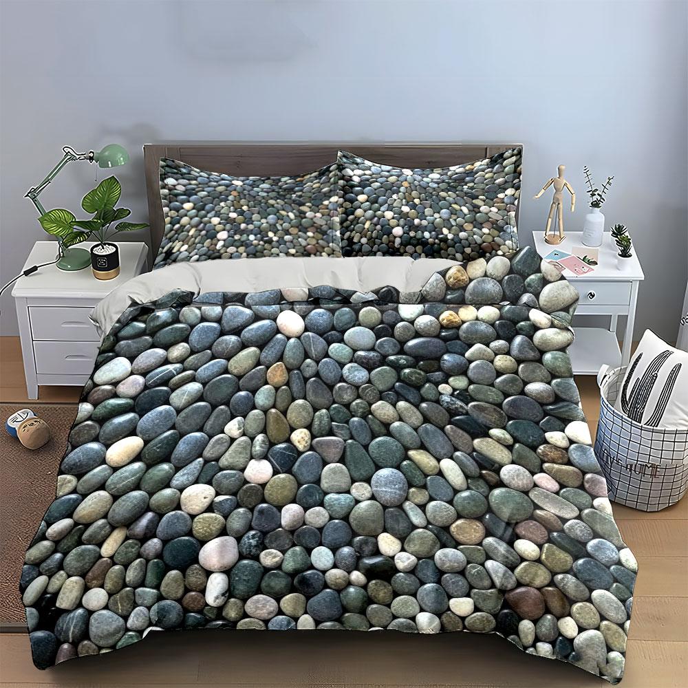 Natural Grey Pebble Stone Texture Bedding Set 3pcs Rock Gravel Print 1 Duvet Cover And 2 Pillowcase Modern Minimalist Bed Linen