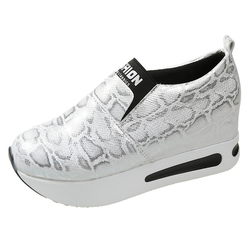 

Модные серебряные кроссовки из искусственной кожи на платформе для женщин, повседневные нескользящие спортивные туфли на толстой подошве, женские туфли больших размеров без застежек, Zapatos Mujer 36 белый