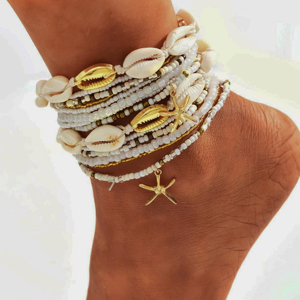 Neues Sommer Strand Seestern Muschel Perlen Anhänger Fußkettchen für Damen Boho Retro Trend Mehrschichtig Fußschmuck Urlaubsaccessoire 2026