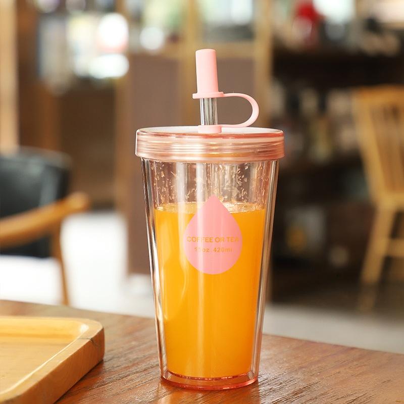 Double Layer Straw Milk Tea Cup With Lid Portable Water Mug Fruit Tea Cup Small Creative Plastic Cup For Summer Gift Water Cup