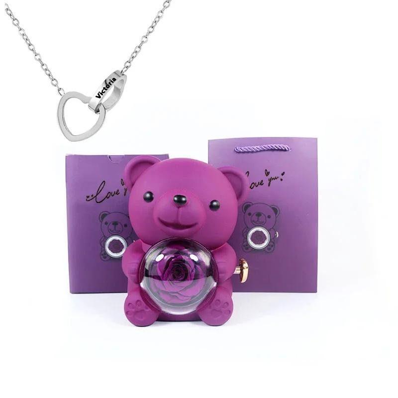 Mini Zarte Herz Gravierte Halskette Süße Bären Schmuckschatullen Valentinstag Muttertag Geburtstagsgeschenk Papiertüten Set