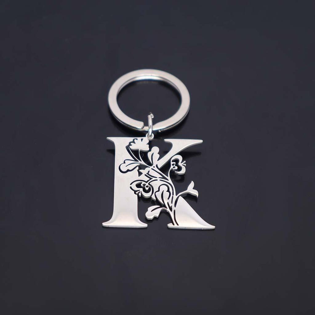 Stainless Steel Alphabet Flower Cutout Keychain Pendant