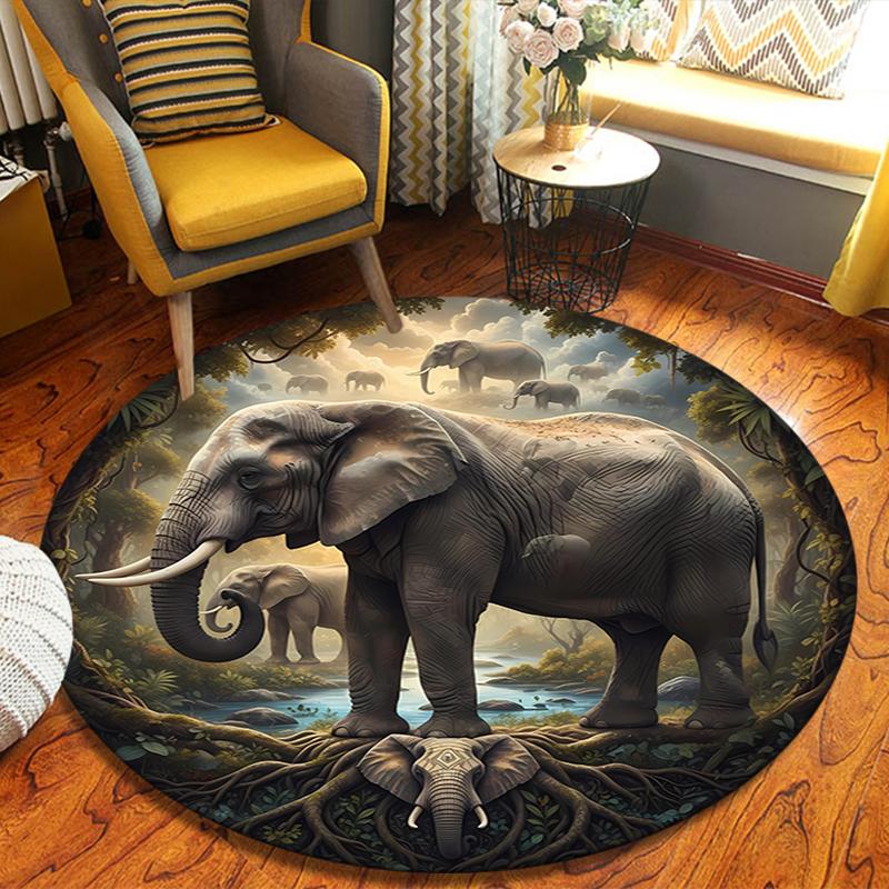 Elephant Lion Round Area Rug,Carpet Rug for Living Room Bedroom Sofa Playroom Decor,Non-slip Floor Mat