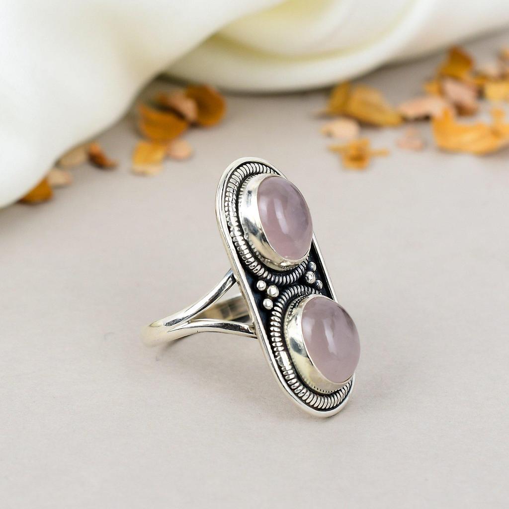 Rose Quartz 925 Sterling Silver Pink Gemstone Handmade Jewelry Ring For Women
