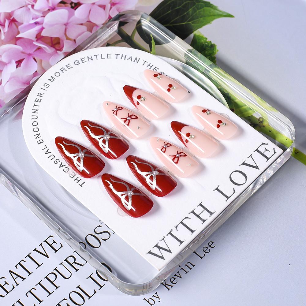 24Pcs Medium Almond Medium Almond Press on Nails Glossy Red Cherry Bow Design False Nails Cute Acrylic French Y2K Manicure Deco