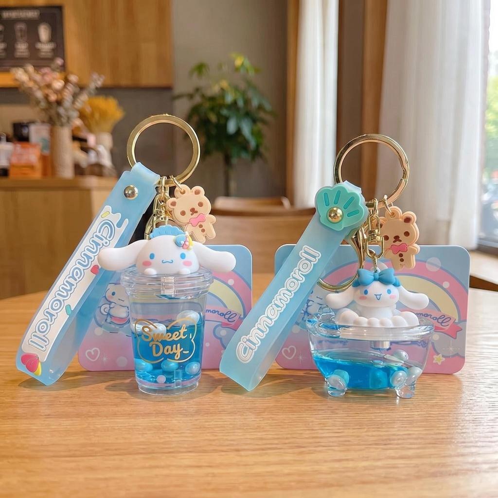 Sanrio Kuromi Melody Quicksand Keychain Cute Milk Tea Cup Shaker Key Ring Kawaii Bag Pendant Accessories for Car Keys Backpack