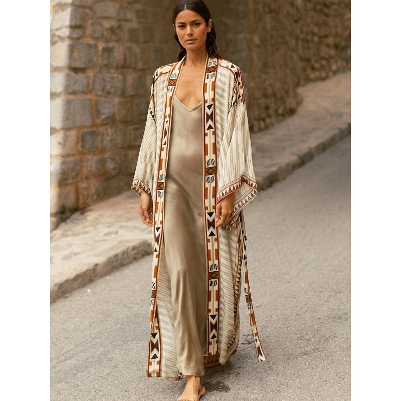 Cotton geometric print cardigan kimono beach sunscreen shirt bikini blouse with 1D135