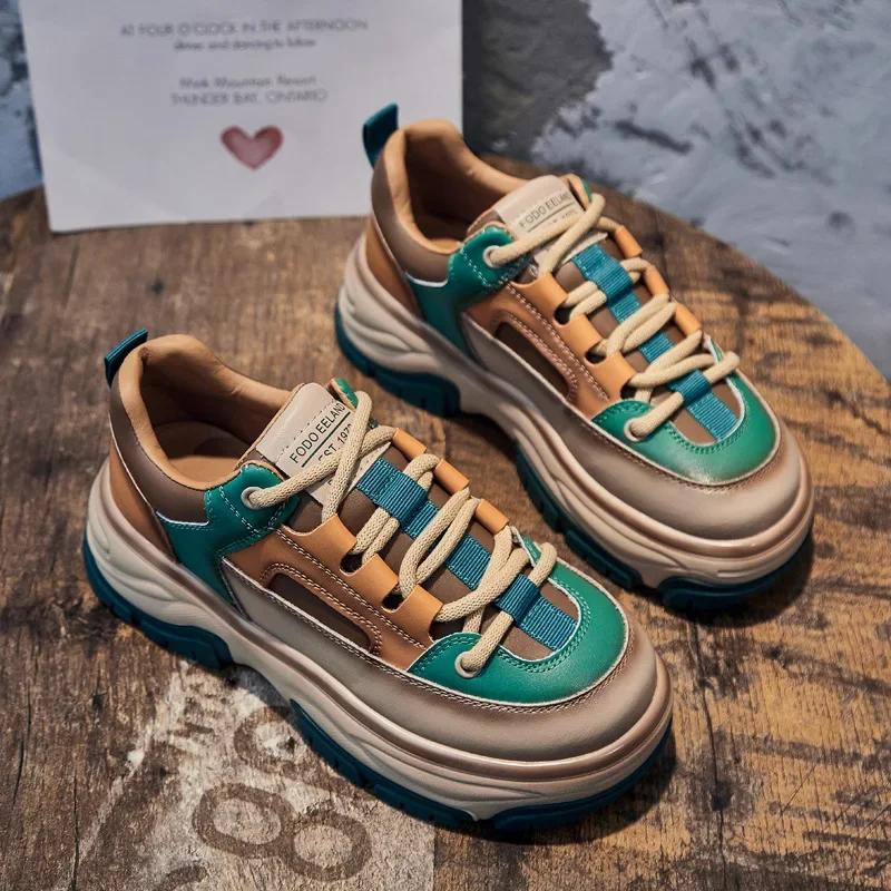 New Spring Autumn Shoes Women Fashion Sneakers Genuine Leather Shoes Height Increasing 5cm Flat Brand Ladies Casual DX304