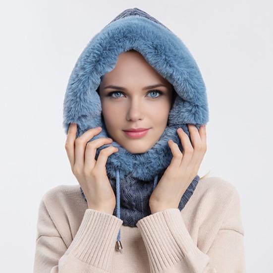 Fleecegefütterte Strickmütze Einfarbig Plüschbesatz Verstellbarer Kordelzug 3-in-1 Mütze Gesichtsschutz Schal-Set Winddicht Ski Snowboard Kaltwetterausrüstung