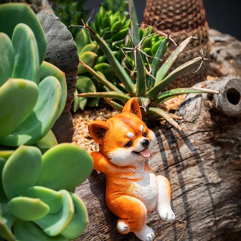 Mini Dog Statue Miniature Dogs Figurine Plant Pot Hanger,Climbings Dog Sculpture Garden Decors for Bonsais Ornament