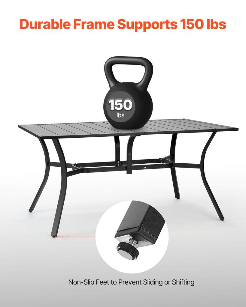 Outdoor Patio Dining Table, 150cm Long Rectangular Metal Steel Slat Backyard Bistro Tables for 4-6, with 38mm Umbrella Hole, All-Weather Large