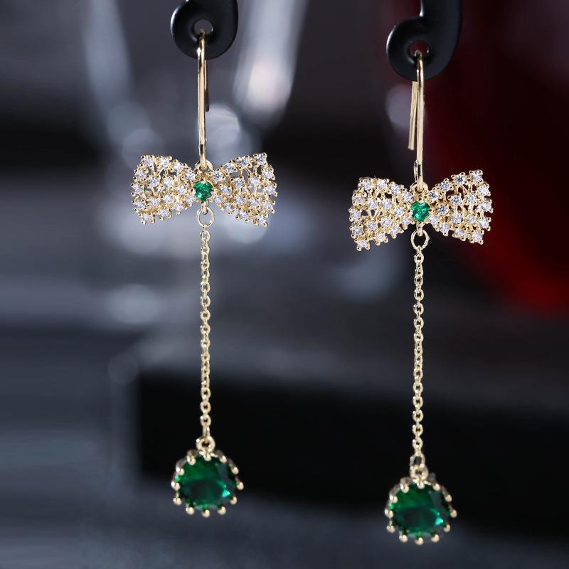 Gold-Plated Bow Tassel Gemstone Earrings for Women