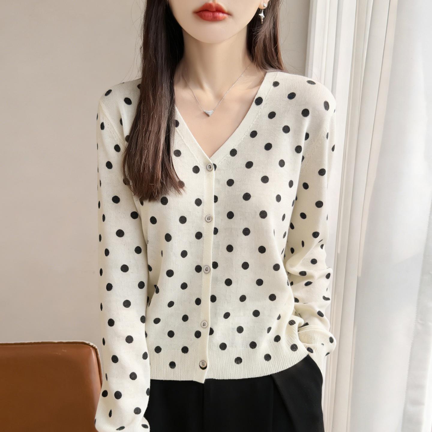 Женский вязаный кардиган в горошек, новый, с длинным рукавом, легкий, короткое пальто, свитер M белый