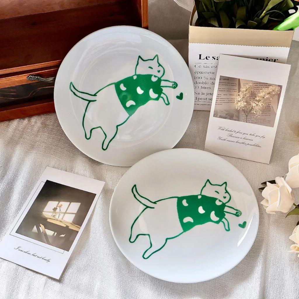 Korean Round Ceramic Cat Island Flat Salad Plate Cute Dessert Cake Dessert Plate