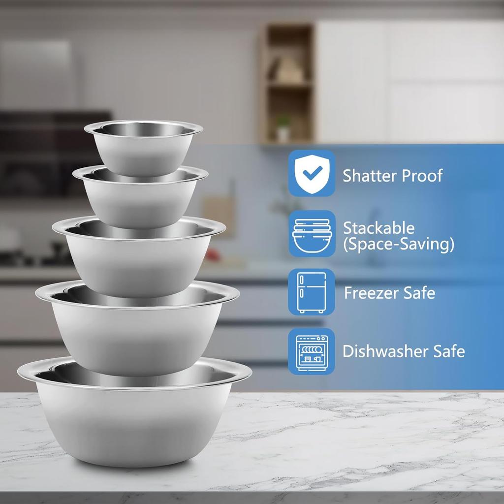 Mixing Bowl Set of 5, Stainless Steel Mixing Bowls, Nesting Whisking Bowl Set for Cooking, Baking, Serving, Food/Salad Prep