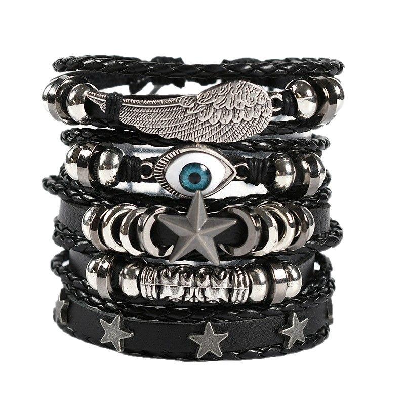 Men's Braided Leather Skull Bracelet Set with Multi-Layered Genuine Leather Bangle