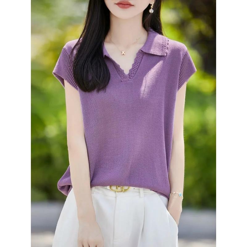 Women s Beige Hollow Knit Lapel V Neck Sleeveless Casual Knit Vest M