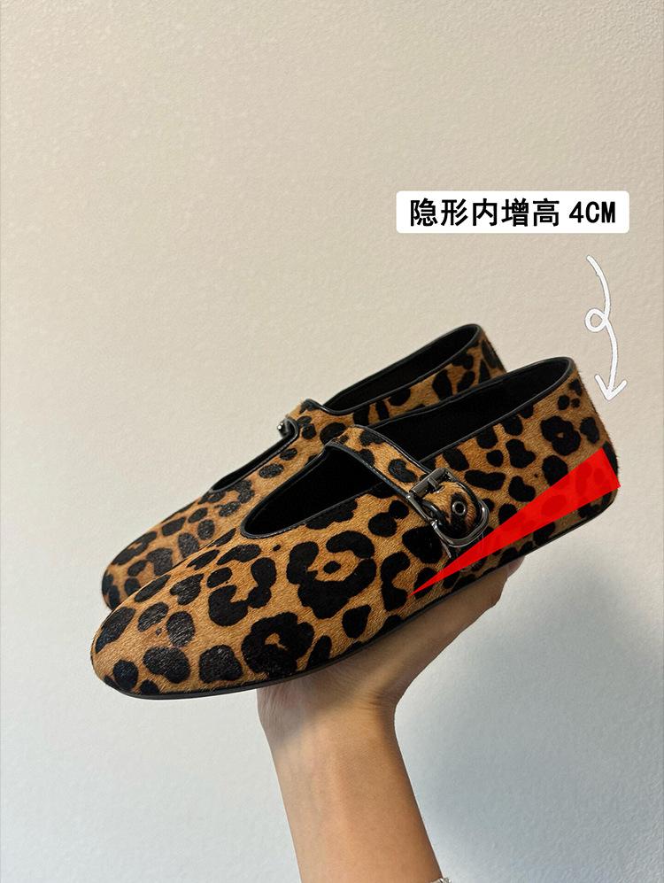 Sheepskin Version~ Popular Small Man Inner Height Increase 4CM Leopard Print Leather Word with Mary Jane Shoes Women's Flat Shoes