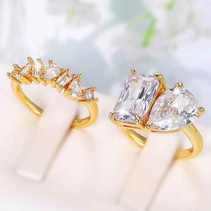 Trend Pear Square Cubic Zirconia Crystal Rings for Women s Set Gold Color Wedding Engage Accessories Jewelry