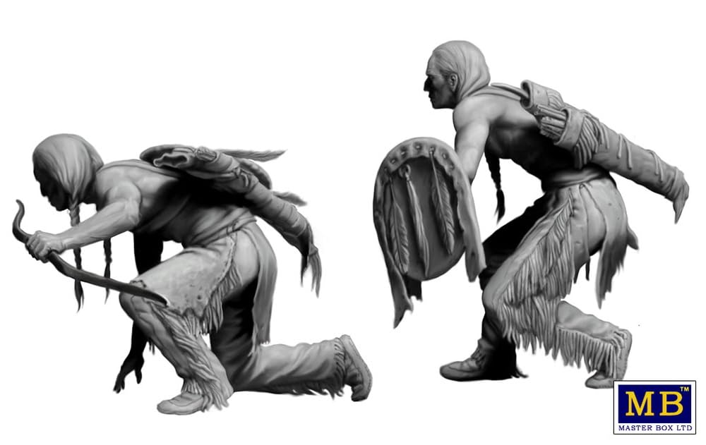 Master Box 1/35 Scale Indian Wars Surprise Attack Native American Soldiers (2 Figures) with Axe and Shield Plastic Model Kit MB35138