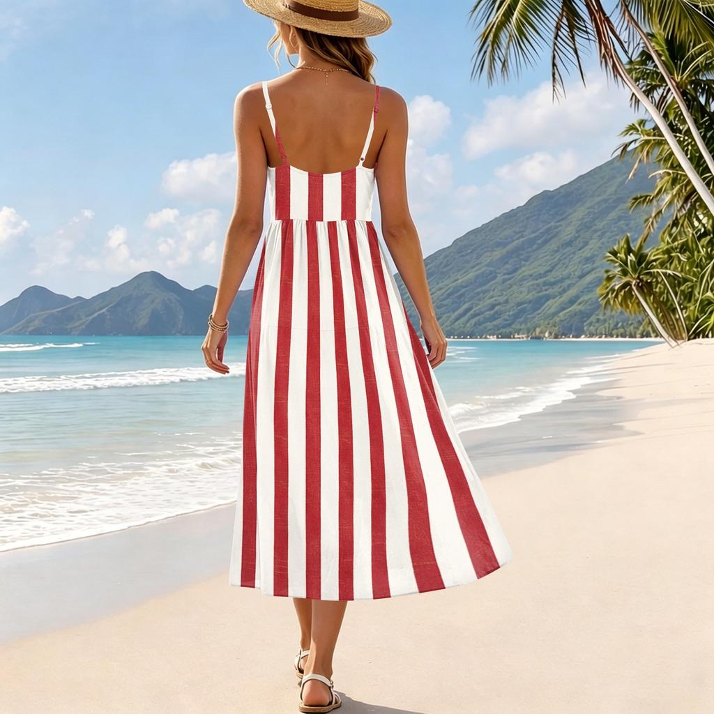 Women Summer Striped Print Adjustable Strap Bohemian Casual Beach Vacation Sundress with Pockets Loose Fit Sleeveless Dress