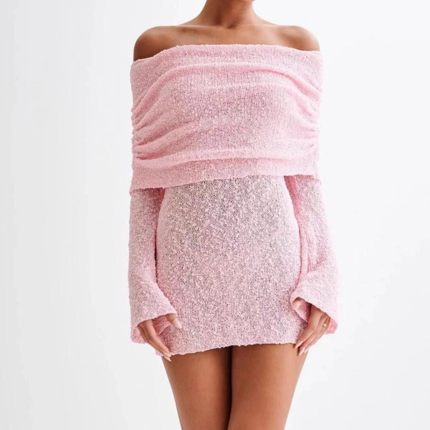 IHUASU Autumn and Winter Women's Sexy Hollow Long Sleeve  One Shoulder Dresses Short Dresses